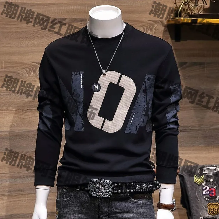 男士加绒卫衣秋冬新款百搭帅气字母印花长袖T恤打底衫圆领上衣