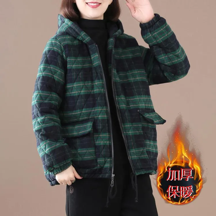 大码女士冬季格子棉服女2024年秋冬新款妈妈外套加绒新款潮牌女装