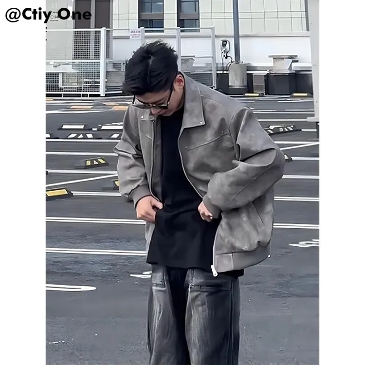 黑灰色皮衣外套男款春秋季美式短款机车夹克痞帅高级感广州棒球服