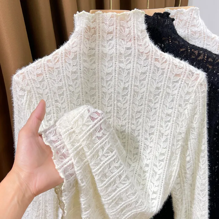 春秋2025新款木耳边网纱打底衫女长袖白色高领磨毛蕾丝内搭小衫女