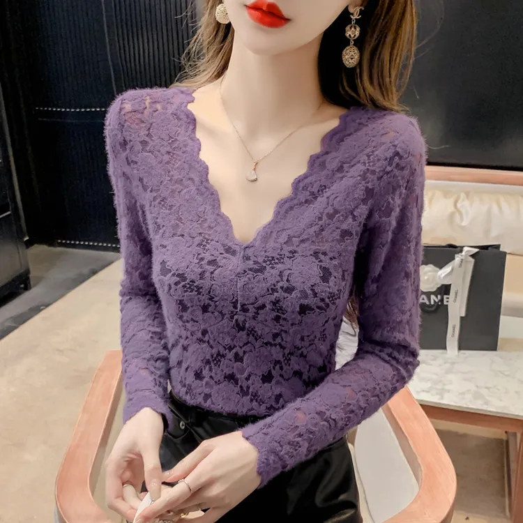 v修身内搭洋气小衫低领网纱镂空上衣领蕾丝打底衫女2024春装新款