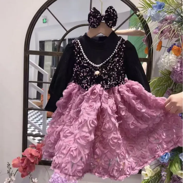 重工刺绣玫瑰花公主裙女童长袖秋冬亮片礼服裙表演服小女孩花童