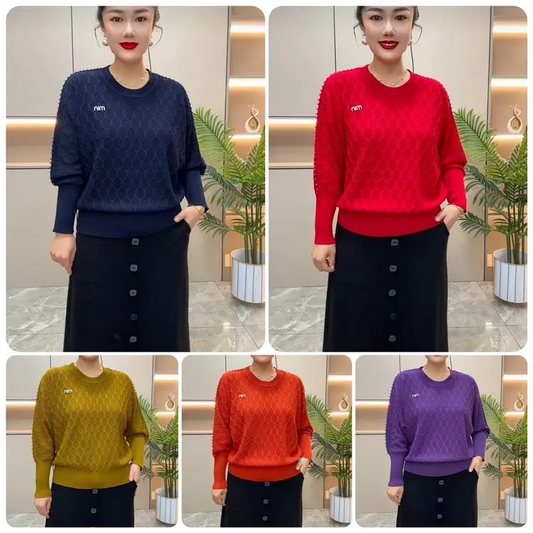 119#冬季新款肩珠篇幅蕉麻套头针织妈妈衫百搭女士长袖