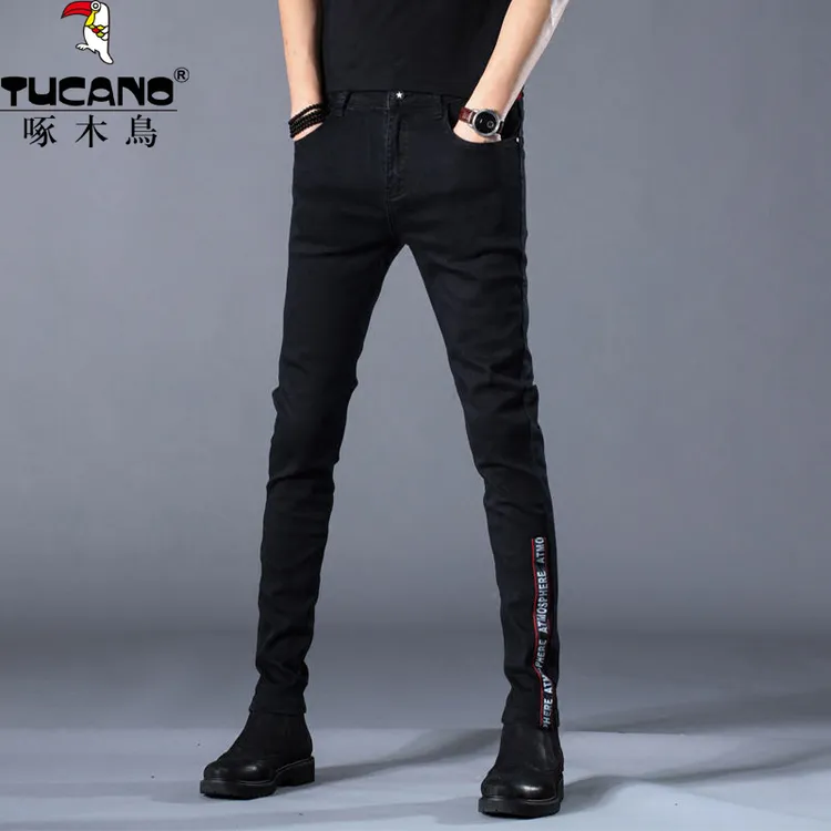 啄木鸟秋冬新款加绒牛仔裤男士韩版潮流修身小脚弹力百搭休闲裤子