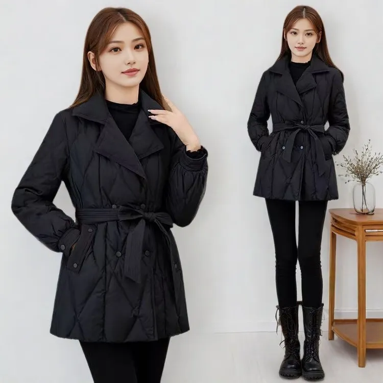 冬季女装棉服收腰显瘦中长款2024新款棉服女士气质西装领棉衣外套