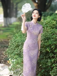 匠心设计缎面紫色新中式国风改良旗袍修身显瘦收腰包臀女装连衣裙