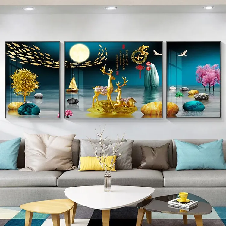 新中式客厅装饰画三联画轻奢现代沙发背景墙壁画家和富贵晶瓷挂画