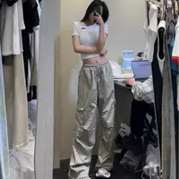 【弹力工装裤】美式街头潮流工装阔腿裤女高腰显瘦宽松直筒长裤ins