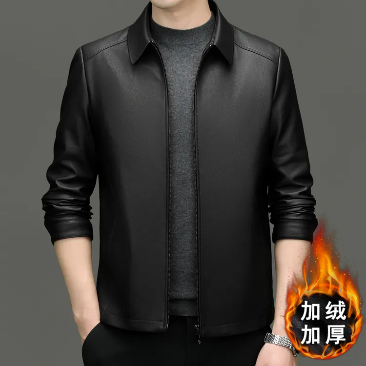 FUGUINIAO/富贵鸟秋冬翻领男商务休闲高端皮衣男士加绒外套皮夹克