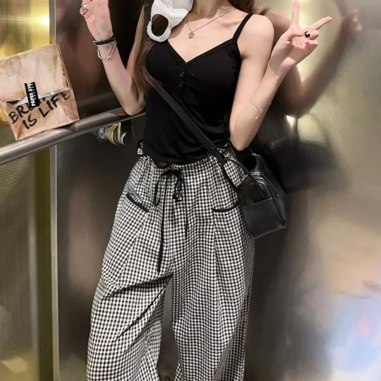 宽松格纹系带直筒休闲裤女装夏季高腰显瘦小众阔腿拖地长裤子