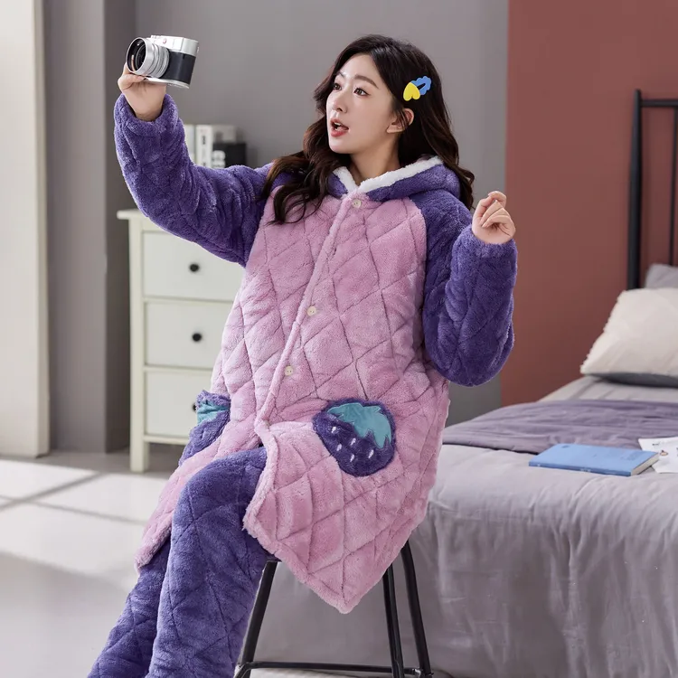 冬季长款睡衣睡袍女可外穿时尚保暖三层夹棉法兰绒加绒加厚家居服