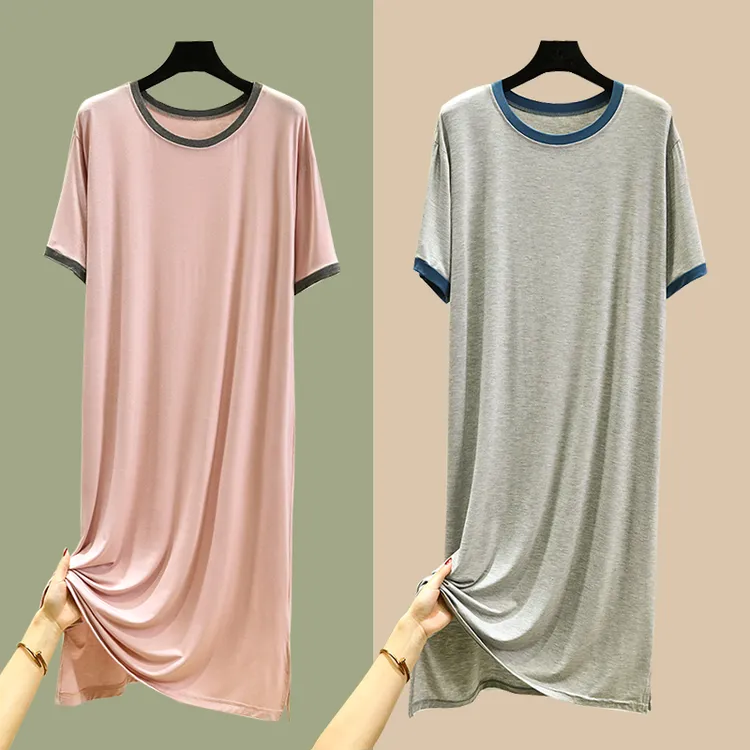连衣裙女莫代尔短袖睡裙夏薄款打底裙外穿宽松百搭家居服大码长裙