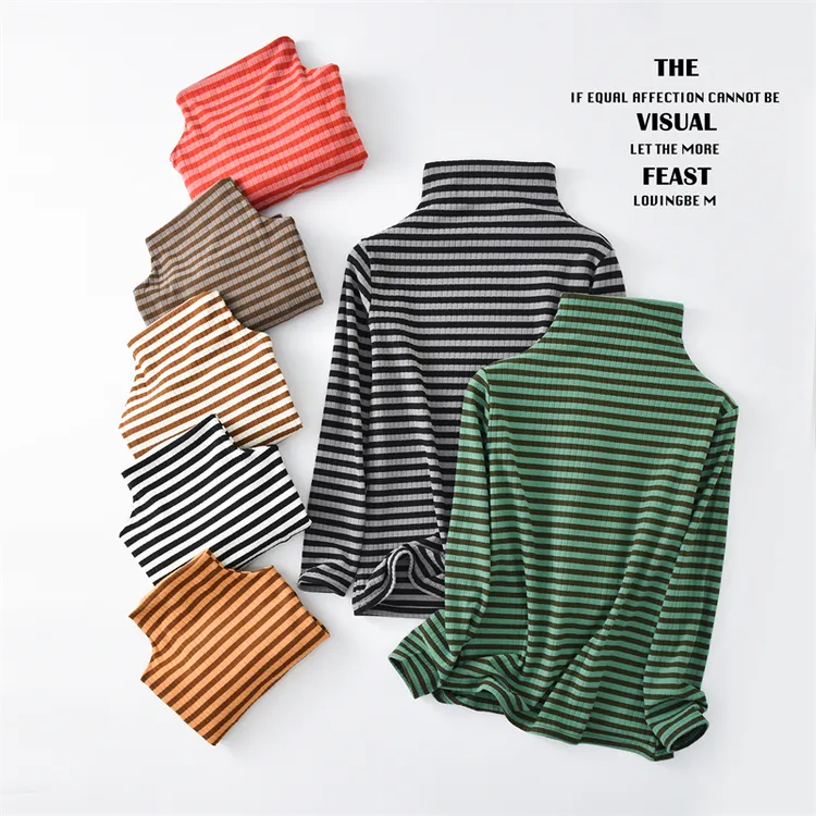 秋冬德绒高领条纹打底衫女加绒内搭加厚T恤洋气显瘦保暖长袖上衣