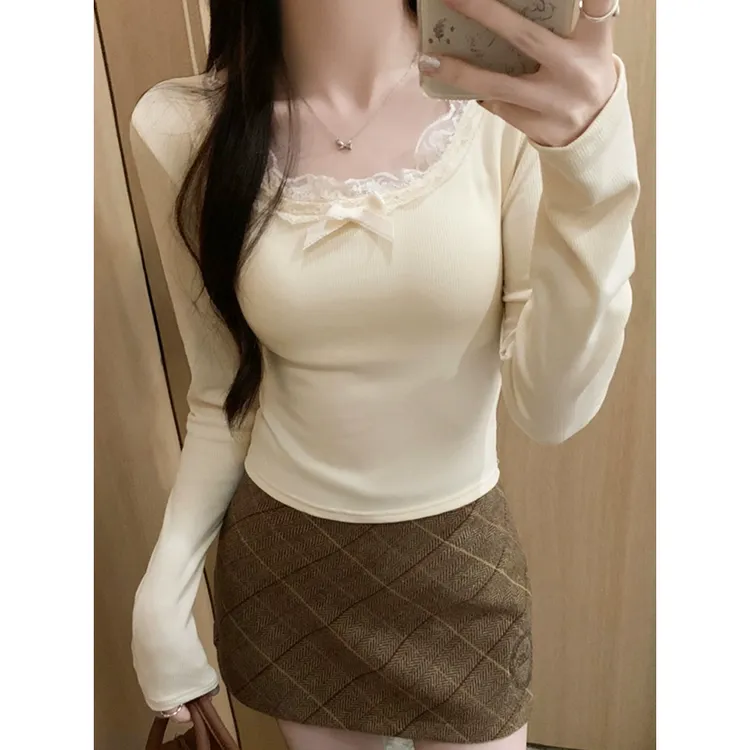 纯欲辣妹U领短款上衣女秋冬双面磨毛长袖t恤蕾丝打底衫保暖内搭