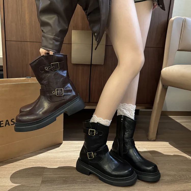 复古英伦风棕色马丁靴女款2025秋冬新款厚底短靴美拉德西部牛仔靴