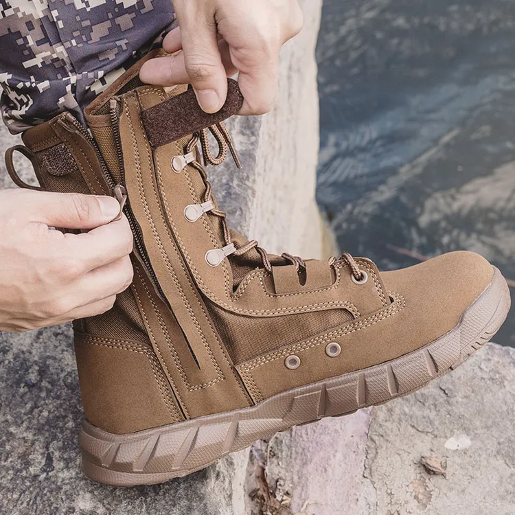 户外棕色作战鞋男士高帮登山鞋侧拉链特战训练战术靴特种兵沙漠靴