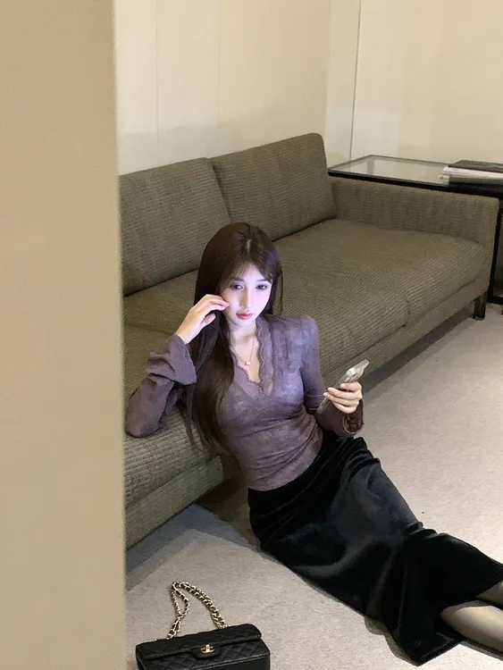 勿【经典碰撞】时尚设计感蕾丝T恤性感气质打底衫修身显瘦上衣81576