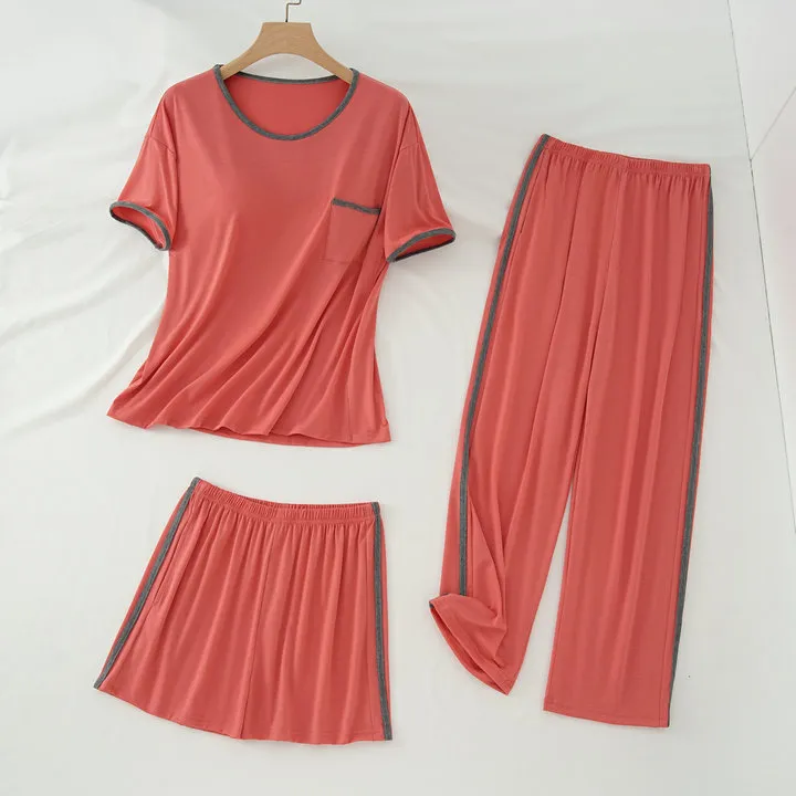 妈妈莫代尔女睡衣夏秋短袖长裤三套装薄款大码家居服可外穿