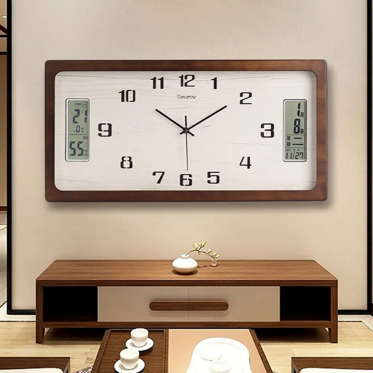 实木长方形万年历日历中式挂钟客厅2025新款时钟现代简约餐厅钟表