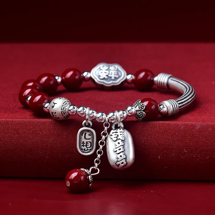 含辰砂工艺品足银【米多多】朱砂手链手串
