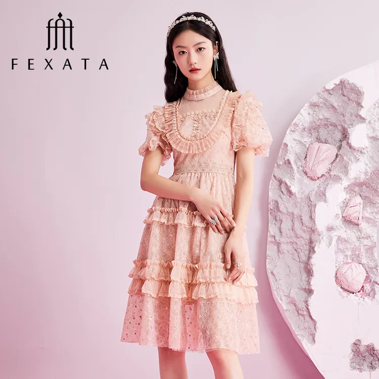 FEXATA斐格思连衣裙2025夏季新品绣花蕾丝蛋糕公主裙