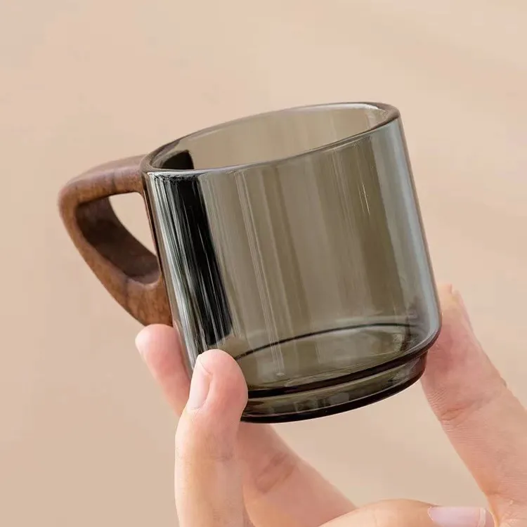功夫小茶杯品茗杯带把手胡桃木防烫家用办公室轻奢高档透明水杯子