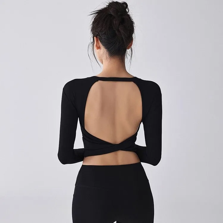 露背健身服女紧身带胸垫美背秋新款普拉提训练长袖休闲瑜伽服上衣