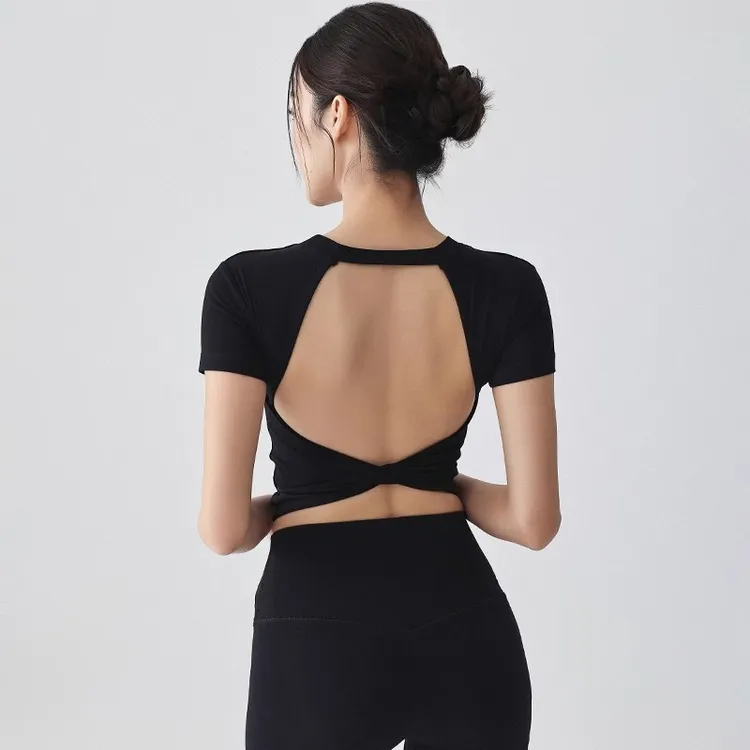 露背运动上衣女固定胸垫美背普拉提瑜伽服短袖外穿速干显瘦健身服