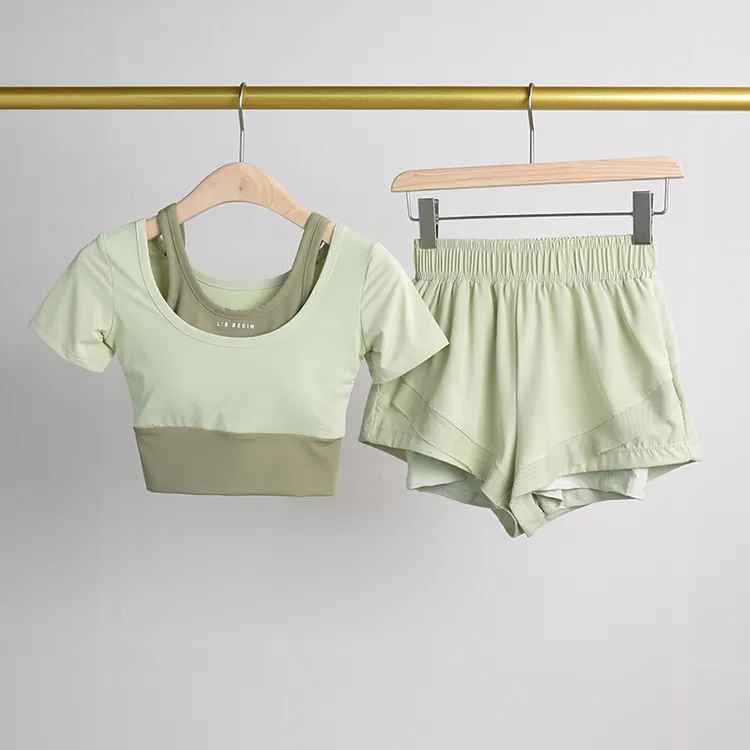 运动健身套装女夏天带胸垫短袖速干上衣跳绳跑步网红普拉提瑜伽服