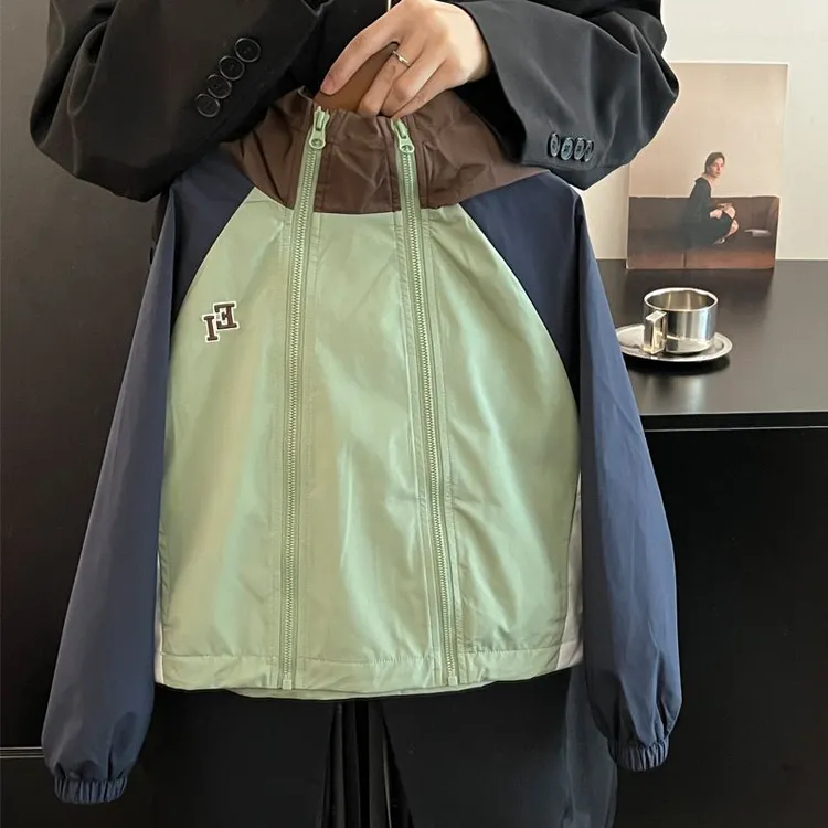 儿童秋装外套2025新款韩版男女童双拉链短款风衣宝宝连帽拼色上衣