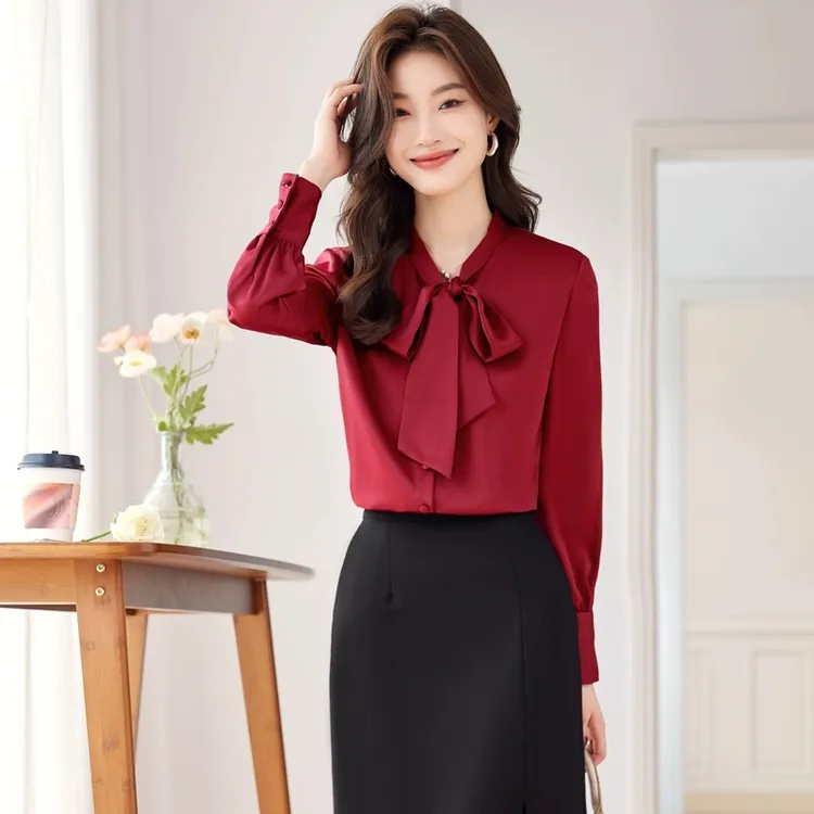 衬衫女2025新款春秋雪纺衫别致漂亮小衫设计感小众蝴蝶结长袖衬衣