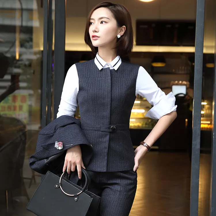 时尚马甲西装工装女春秋新款条纹职业正装背心工作服坎肩外穿马夹