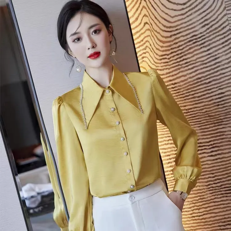 黑色衬衫女时尚洋气长袖职业正装衬衣新款春秋高级感尖领减龄上衣