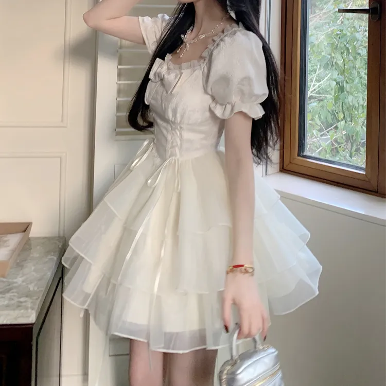 甜美公主风蝴蝶结欧根纱短款连衣裙夏季法式初恋气质收腰蓬蓬裙女