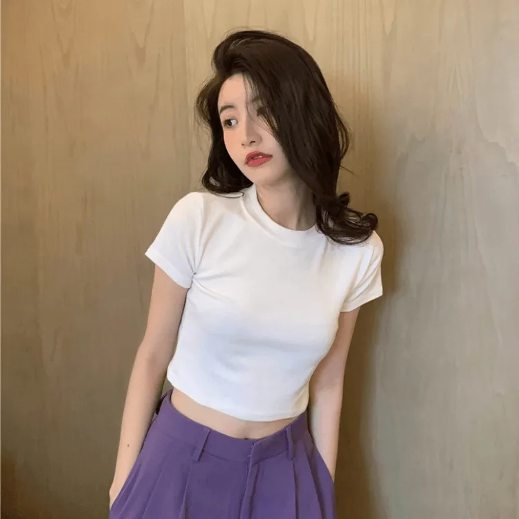 纯色短款上衣服女装夏季2024新款网红高腰露脐修紧身短袖t恤ins潮