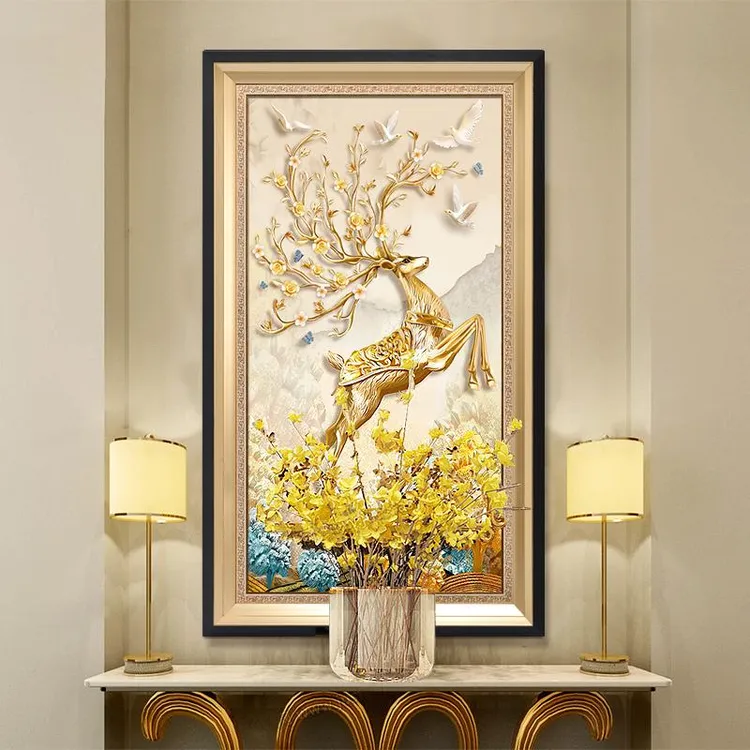 现代轻奢美式风格玄关入户走廊过道竖版挂画书房大气壁画金色麋鹿