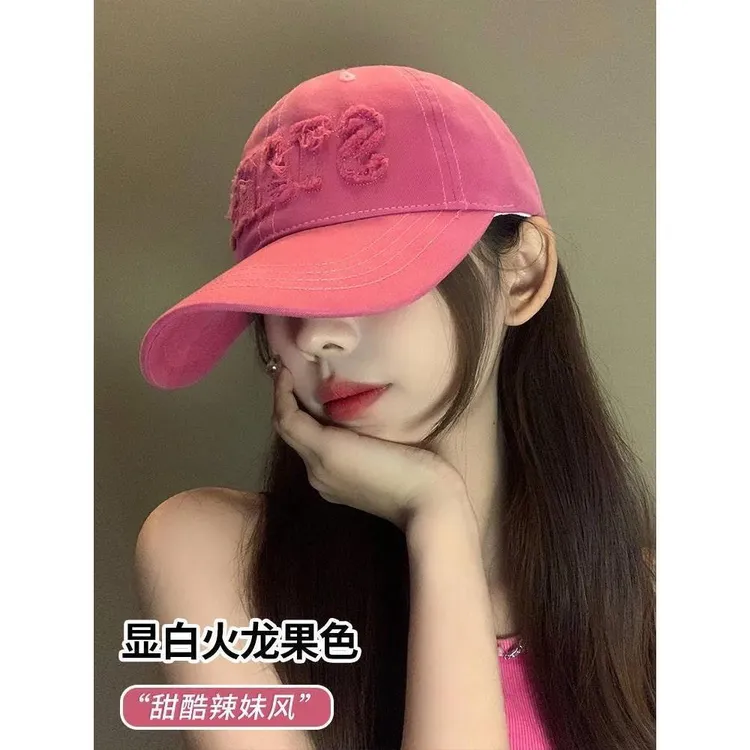 玫红色鸭舌帽学生加宽帽檐显脸小时尚新款棒球帽软顶帽子网红夏天