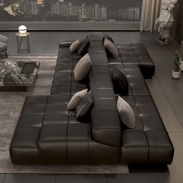 双面沙发客厅横厅背靠背组合沙发双面可坐意式黑色头层牛皮款沙发