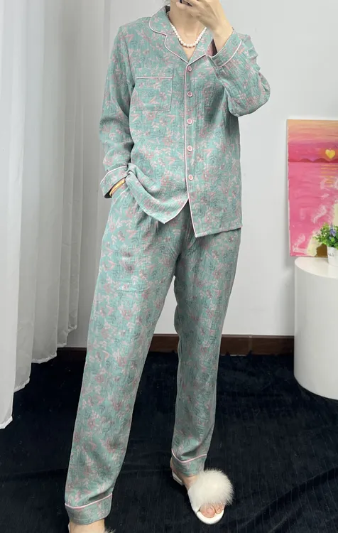 女士100%棉大提花双层纱舒适裤兜版四季睡衣家居服保暖套装21201