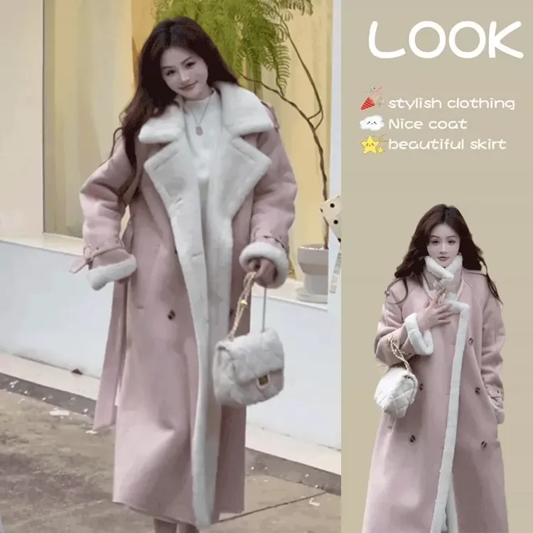 韩版时尚气质皮毛一体休闲外套女装2024冬季新款加厚保暖中长大衣