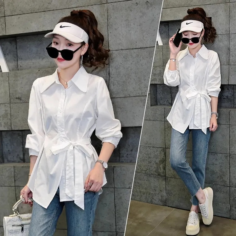 时尚气质白色长袖衬衫女春秋季2024新款不规则设计感收腰显瘦衬衣