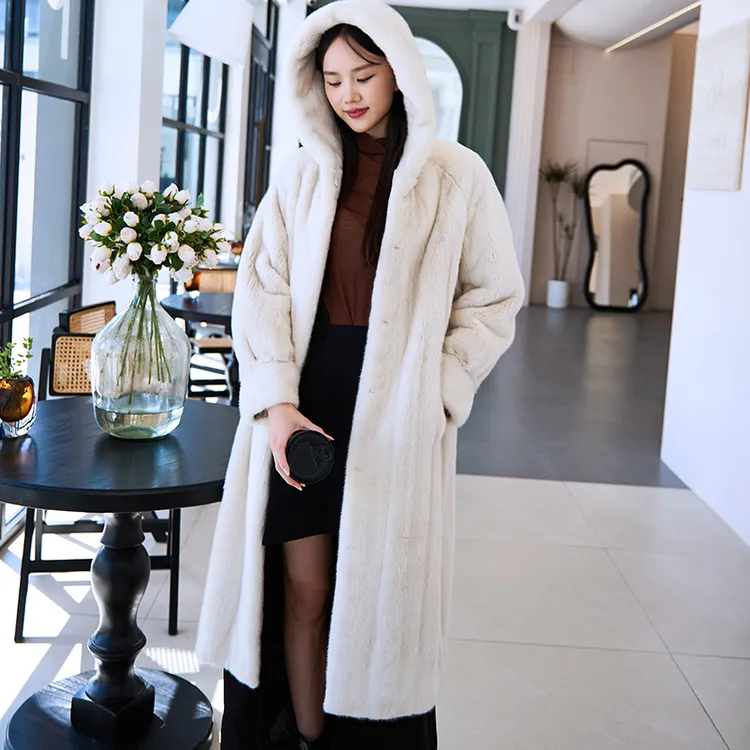 天鹅绒貂皮大衣女整貂连帽长款水貂皮草外套母貂全抽