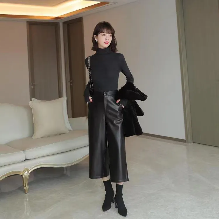 欧洲站海宁女新款厚款PU皮裤阔腿裤八分裤高腰大码宽松九分裤女潮
