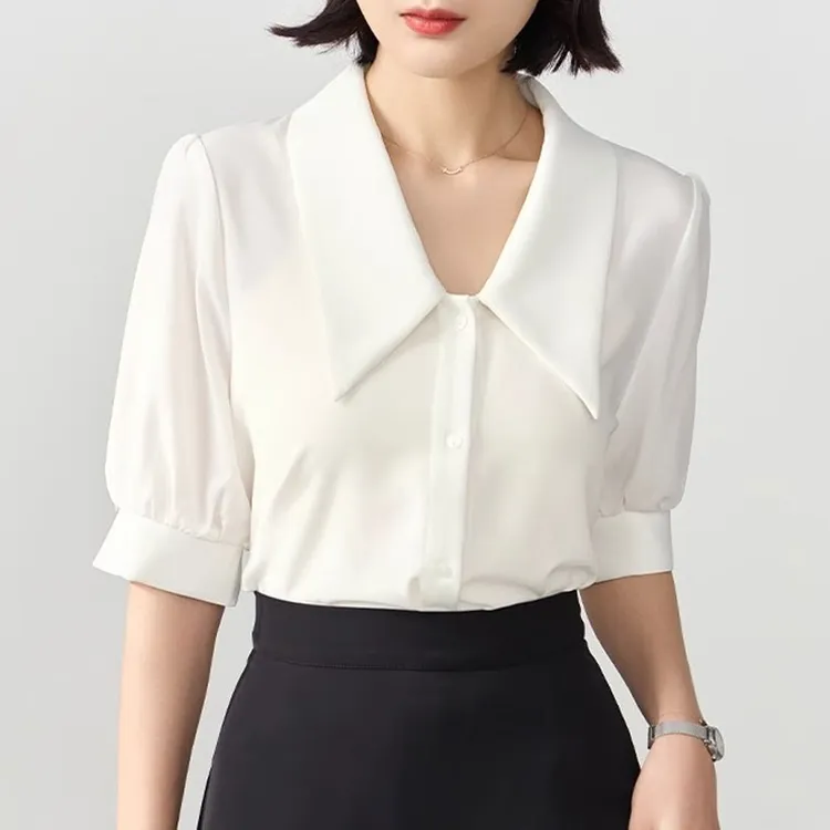 法式轻熟尖领短袖衬衫女夏季新款气质通勤职业装面试显瘦减龄衬衣