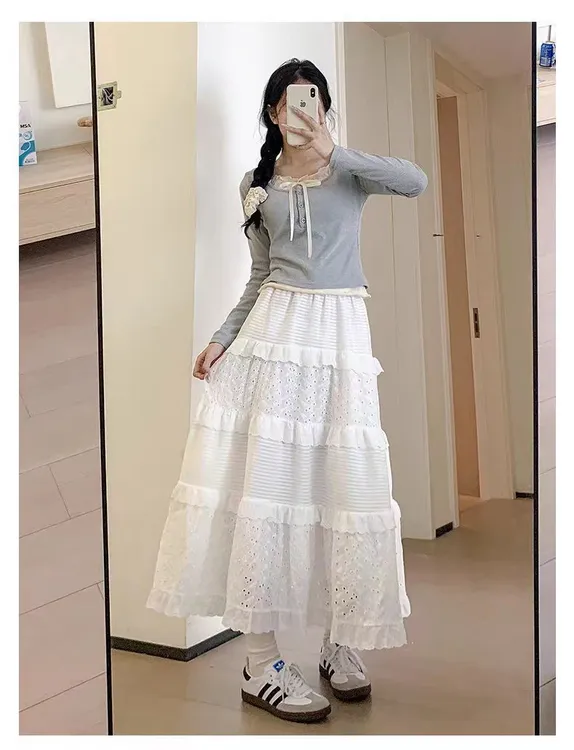 2024女春夏新款白色蛋糕裙高腰中长款提花小个子蕾丝半身裙a字裙