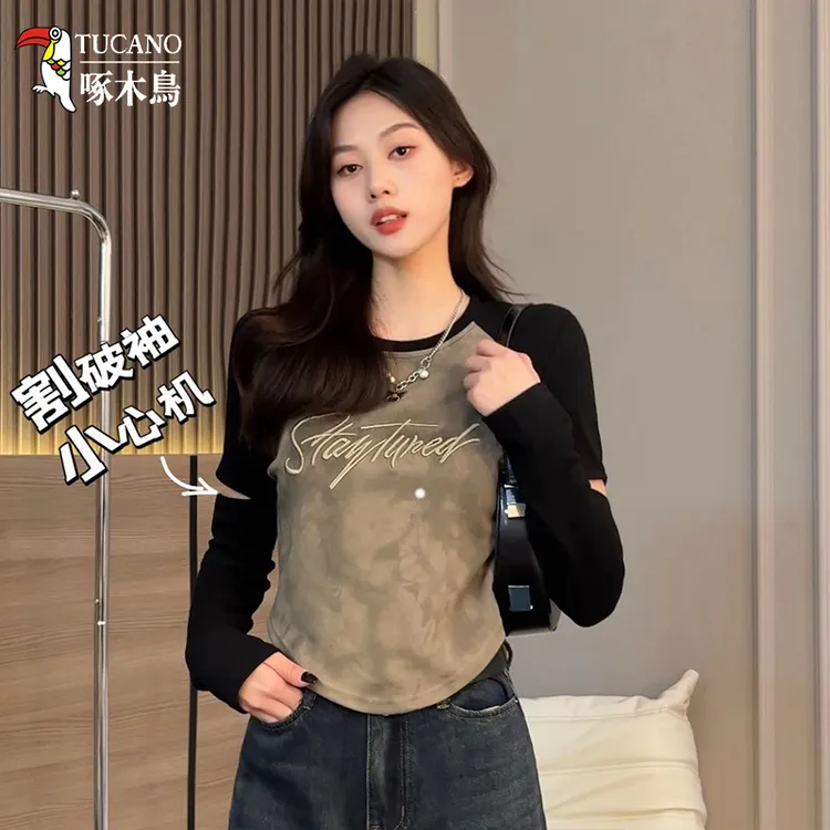 啄木鸟早秋圆领长袖女t恤时尚韩版设计感纯欲风上衣薄款洋气外穿