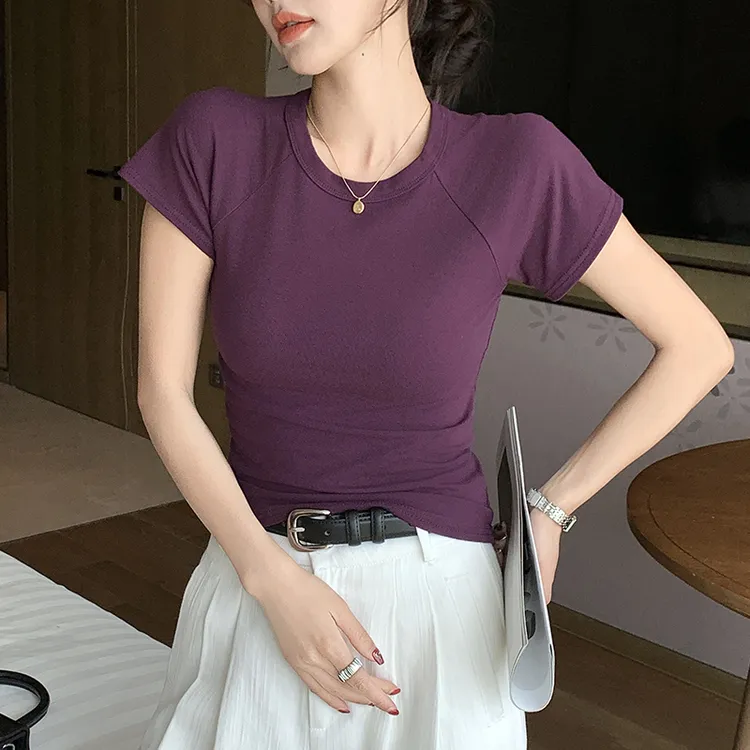 醉梓菡紫色正肩辣妹短袖t恤女夏薄款别致修身短款设计感小众上衣