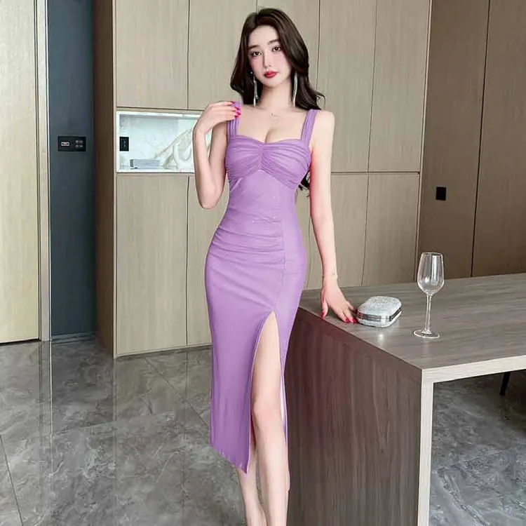 气质御姐紧身开叉吊带连衣裙夏法式温柔风性感网纱包臀显瘦中长裙