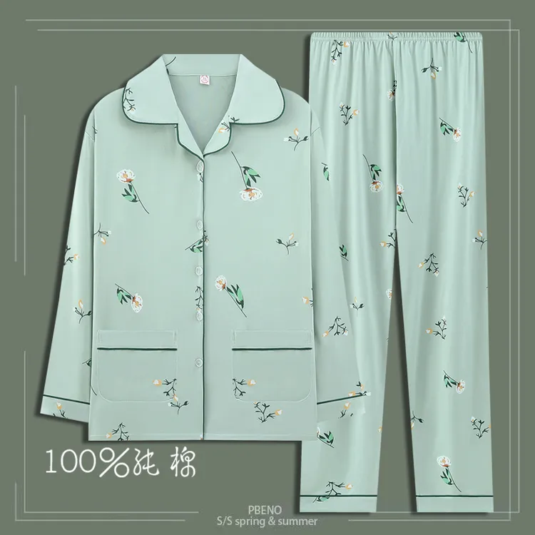 100%纯棉睡衣女长袖中老年套装休闲妈妈款可外穿春秋季大码家居服