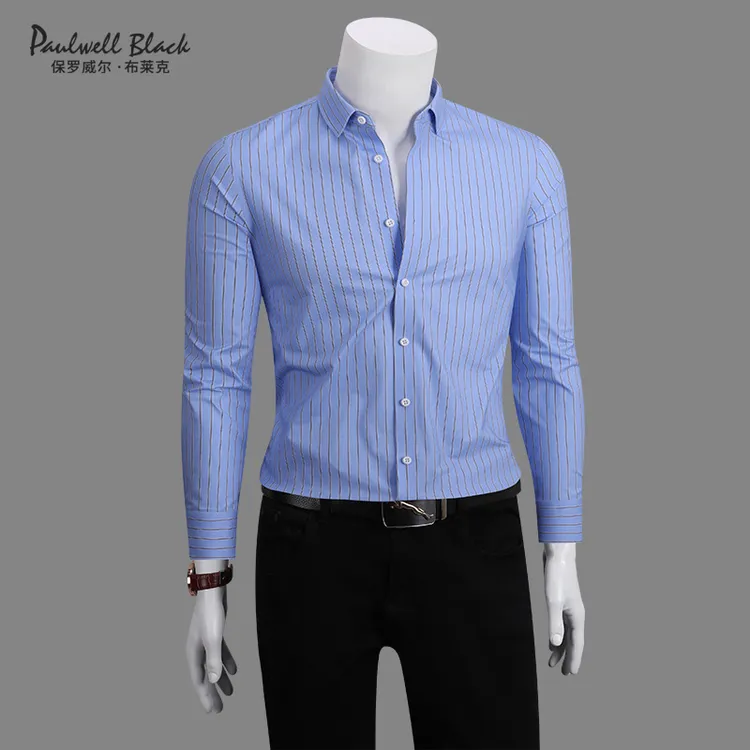保罗衬衫男款长袖高端商务免烫蓝色条纹衬衣弹力棉高级感男士衬衫